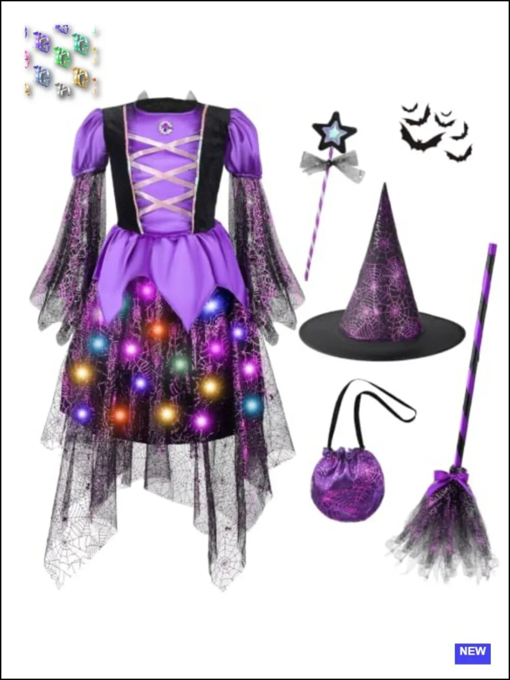 Kids Witch Costume with LED Lights – Halloween Dress, Hat, Broomstick, Wand,